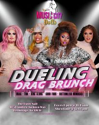 Vibrant poster for “Dueling Drag Brunch” by Music City Dolls featuring four glamorous drag performers in sequined, glittery outfits under stage spotlights, bold pink-and-white title text, and event details with showtime and Hermitage, Tennessee location.