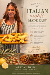 Smiling private chef in a striped apron holding a wooden board of Italian bread beside a poster reading “Italian nights made easy,” promoting private Italian dinner experiences in Nashville with pasta, caprese and a candlelit table.