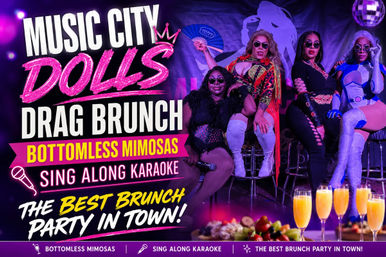 Vibrant promo for a Nashville drag brunch featuring four glamorous drag performers in bold costumes and sunglasses on stage under purple lights and a disco ball, with bottomless mimosas and a brunch spread in the foreground and text promoting sing-along karaoke.