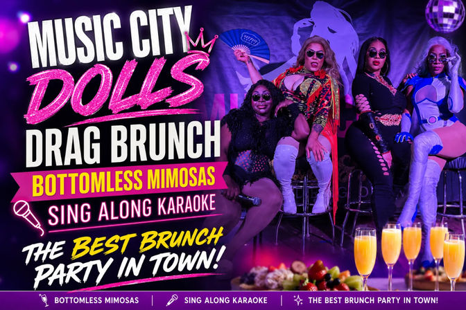 Vibrant promo for a Nashville drag brunch featuring four glamorous drag performers in bold costumes and sunglasses on stage under purple lights and a disco ball, with bottomless mimosas and a brunch spread in the foreground and text promoting sing-along karaoke.