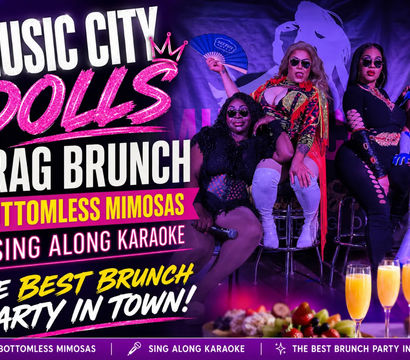 Vibrant promo for a Nashville drag brunch featuring four glamorous drag performers in bold costumes and sunglasses on stage under purple lights and a disco ball, with bottomless mimosas and a brunch spread in the foreground and text promoting sing-along karaoke.