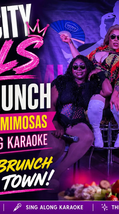 Vibrant promo for a Nashville drag brunch featuring four glamorous drag performers in bold costumes and sunglasses on stage under purple lights and a disco ball, with bottomless mimosas and a brunch spread in the foreground and text promoting sing-along karaoke.