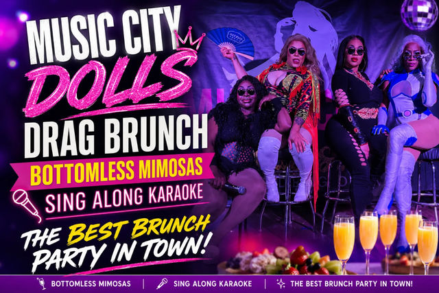 Vibrant promo for a Nashville drag brunch featuring four glamorous drag performers in bold costumes and sunglasses on stage under purple lights and a disco ball, with bottomless mimosas and a brunch spread in the foreground and text promoting sing-along karaoke.