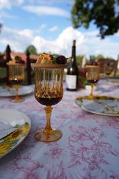 Al fresco backyard table setting with an amber goblet topped by a wooden coaster holding cheese and grapes, pink floral tablecloth, sunflower plate and a blurred wine bottle under a blue sky