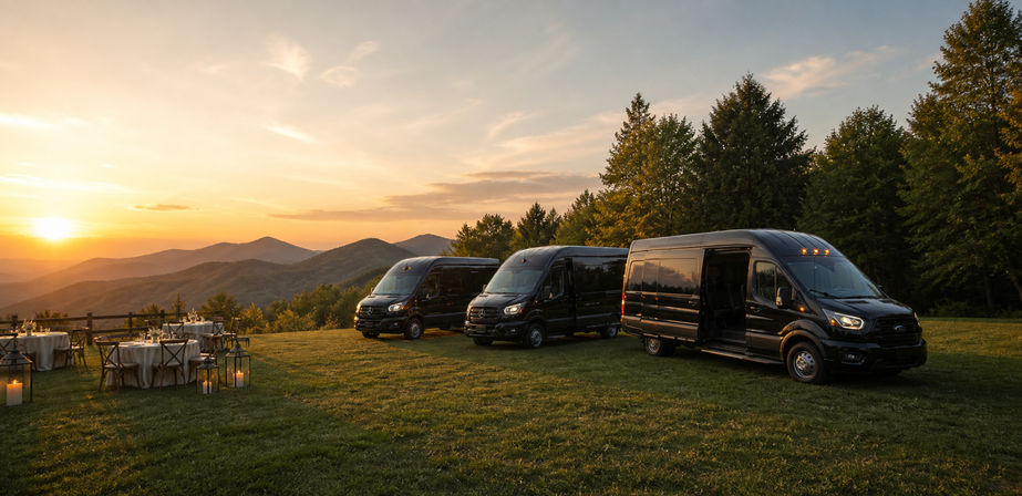 Three sleek black passenger vans parked on a grassy mountain overlook at sunset beside candlelit outdoor dining tables and lanterns.