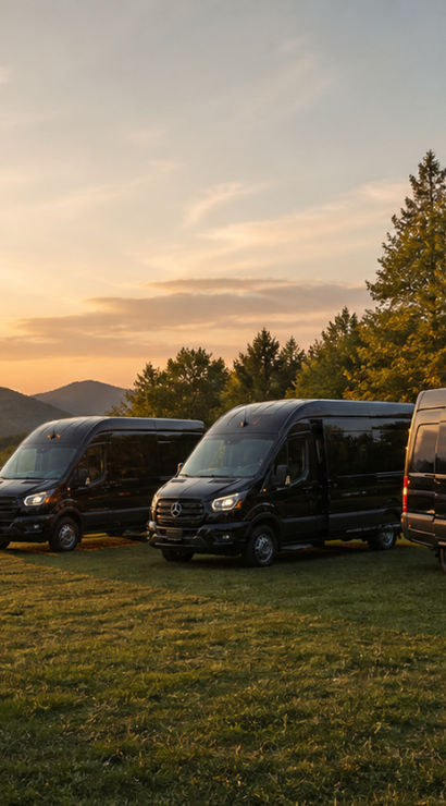 Three sleek black passenger vans parked on a grassy mountain overlook at sunset beside candlelit outdoor dining tables and lanterns.