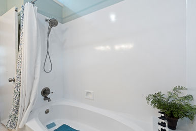 White bathtub and shower combo in a home bathroom with oil-rubbed bronze fixtures, handheld showerhead, patterned shower curtain, blue bath mat and a potted fern on the tub edge.