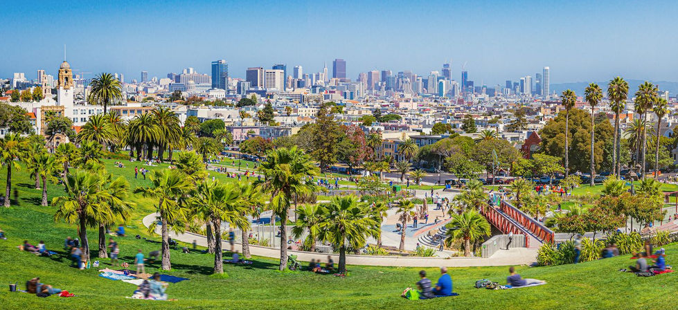 Sunny panoramic view of a busy urban park with palm trees and picnickers on grassy slopes, red pedestrian bridge and San Francisco skyline under a clear blue sky.