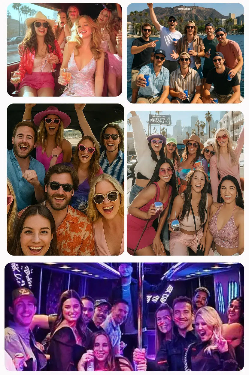 Collage of Los Angeles party scenes: women in pink celebrating in a party bus, a group of men on a boat with the Hollywood sign, daytime friends on palm-lined streets, and a neon-lit night party.