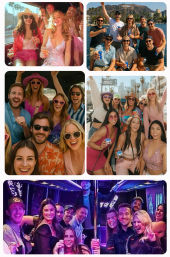Collage of lively friends partying in sunny Los Angeles — boat with Hollywood Hills view, beachside palm-tree street scenes with cocktails and sunglasses, and a neon-lit party bus at night.
