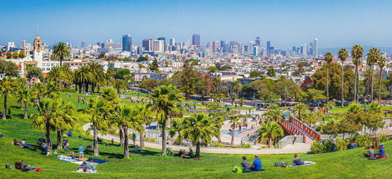 Sunny panoramic view of a grassy San Francisco park with palm trees, people picnicking on blankets and the downtown skyline in the background.