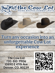 Rustic wood flyer with three felt cowboy hats across the top, bold headline promoting an unforgettable cowboy-hat experience, QR code and contact block showing Denver, CO.