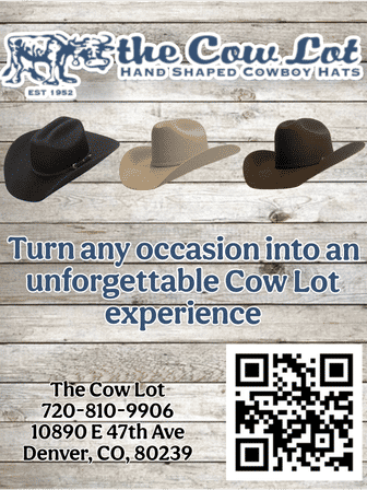 Rustic wood flyer with three felt cowboy hats across the top, bold headline promoting an unforgettable cowboy-hat experience, QR code and contact block showing Denver, CO.