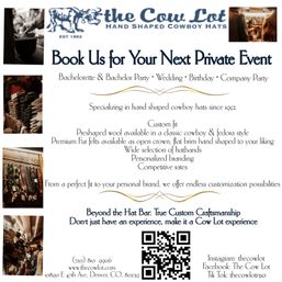 Promotional flyer advertising private cowboy-hat shaping events in Denver, CO — photos of hat-making, stacked hats and hatbands; lists weddings, bachelorette, birthdays and company parties; mentions custom fit, personalization, QR code and contact details.