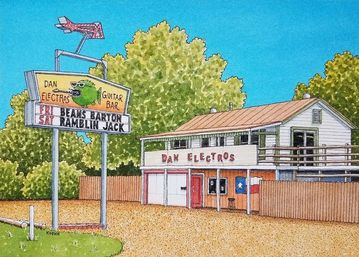 Colorful illustration of a small-town Texas two-story guitar bar with a gravel lot, retro marquee sign topped by an arrow and a quirky green fish logo, a Texas flag on the porch, surrounded by leafy trees beneath a bright blue sky.