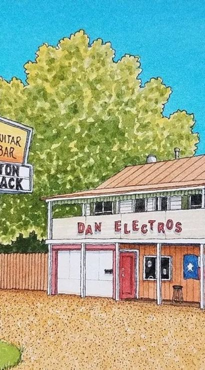 Colorful illustration of a small-town Texas two-story guitar bar with a gravel lot, retro marquee sign topped by an arrow and a quirky green fish logo, a Texas flag on the porch, surrounded by leafy trees beneath a bright blue sky.