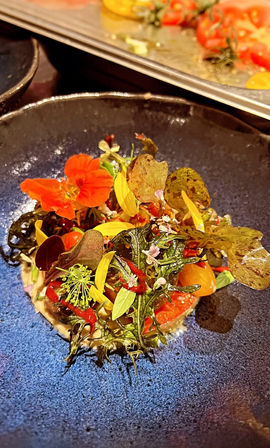 Fine-dining gourmet salad on a deep blue ceramic plate with mixed microgreens, edible orange nasturtium and yellow petals, cherry tomato halves, delicate herbs and a light vinaigrette drizzle.