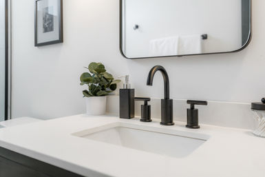 Contemporary home bathroom vanity with white quartz countertop, rectangular undermount sink, matte black arched faucet and matching handles, black soap dispenser, small potted plant and wall mirror — clean minimalist styling.