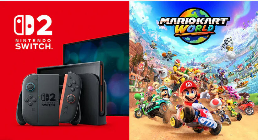 Split image: black Nintendo Switch console with Joy‑Con controllers on a red background, paired with colorful Mario Kart World artwork showing Mario and other characters racing in karts.