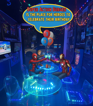 Superhero-themed neon party room with Spider-Man, Iron Man and a Captain America figure toasting at a glowing LED table, '30' balloons and colorful string lights in an arcade-style birthday setup.