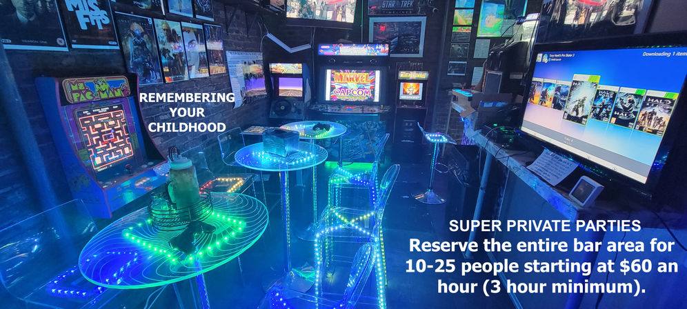 Neon-lit retro arcade bar interior with glowing LED tables and clear stools, vintage arcade cabinets (Ms. Pac-Man, Marvel vs. Capcom), wall TVs showing console games and signage for private party rentals for 10–25 people.