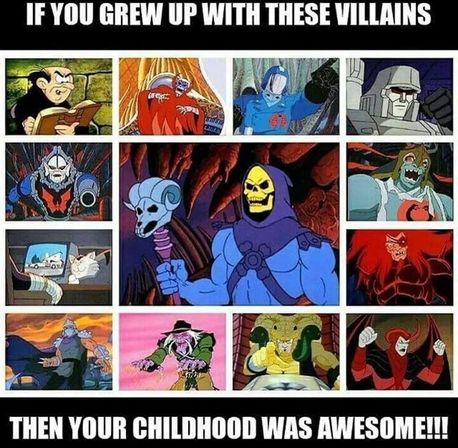 Retro meme collage of classic 1980s cartoon villains with Skeletor center, surrounding animated bad guys and bold caption celebrating childhood nostalgia.