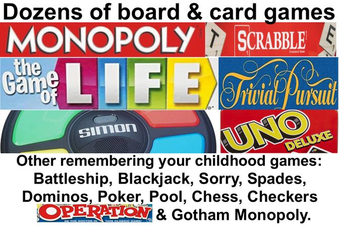 Bright collage of classic board and card game logos and text featuring Monopoly, Scrabble, The Game of Life, Trivial Pursuit, Simon, UNO and Operation with a caption listing childhood games.