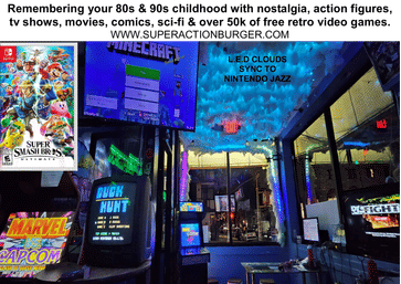 Retro arcade gaming lounge interior with neon LED cloud ceiling, classic arcade cabinets (Duck Hunt, Marvel vs. Capcom), large screens showing Minecraft and Super Smash Bros artwork, colorful lighting and street-facing windows.
