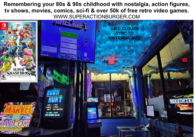 Retro arcade gaming lounge interior with neon LED cloud ceiling, classic arcade cabinets (Duck Hunt, Marvel vs. Capcom), large screens showing Minecraft and Super Smash Bros artwork, colorful lighting and street-facing windows.