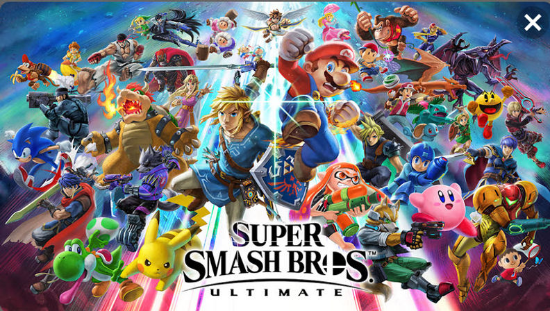 Vibrant Super Smash Bros. Ultimate cover art: a dynamic collage of iconic video game characters — Mario, Link, Pikachu, Kirby, Samus, Sonic and more — charging into battle around the game logo.
