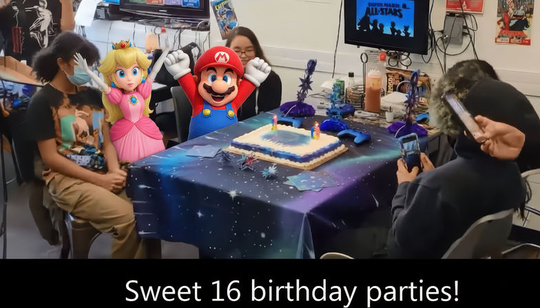 Sweet 16 birthday party in an indoor game room with teens seated around a galaxy-print tablecloth, a frosted cake with candles, gaming-themed decor and Mario and Princess Peach cutouts, guests taking photos on phones.