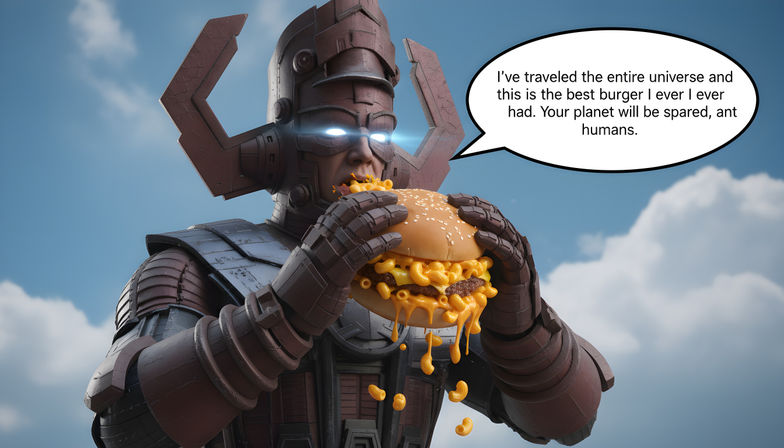 Cosmic armored giant with glowing eyes takes a bite of a gooey macaroni-and-cheese cheeseburger, cheese dripping down under a cloudy blue sky with a comic speech bubble praising the burger.