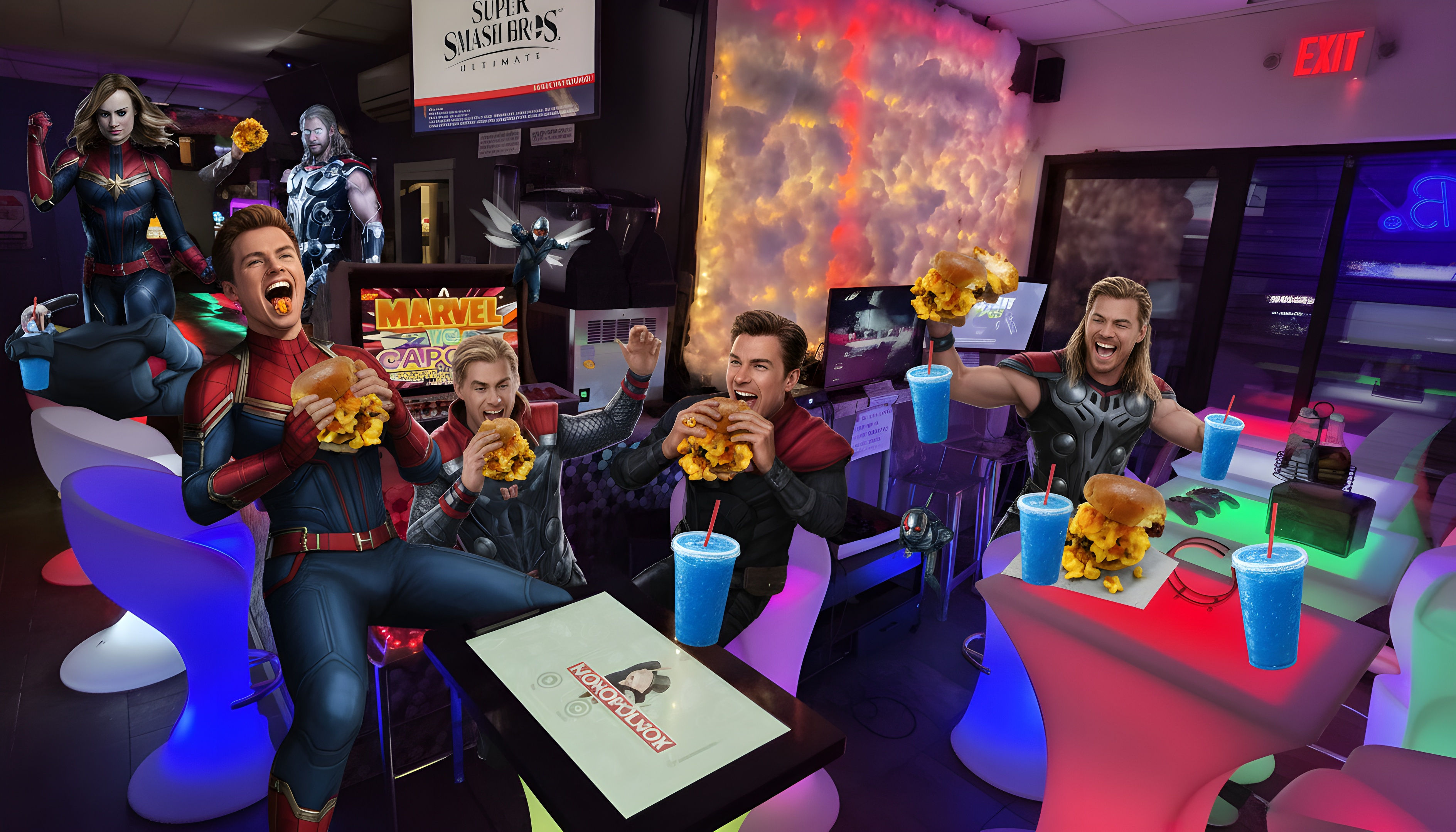Neon-lit gaming cafe scene with Marvel superheroes (Spider-Man, Thor, Captain Marvel, Doctor Strange) at glowing tables, laughing and eating oversized burgers with fries and blue slush drinks beside arcade machines and a cloud-lit wall.
