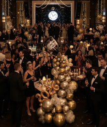 Black-tie New Year’s Eve party in an elegant ballroom with guests toasting champagne beneath a large illuminated clock, a gold-and-clear balloon sculpture shaped like a popping champagne bottle and year-number centerpiece, twinkling lights and confetti