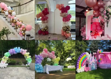 Collage of six party balloon decorations: pink-and-gold staircase garland, pink and rose balloon column archway, floral balloon backdrop, pastel rainbow outdoor balloon arches, and a pink unicorn castle with rainbow balloon arch.