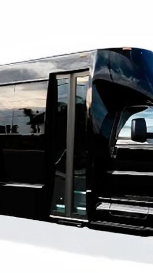Sleek black luxury party bus shuttle with open passenger door, chrome wheels and city skyline reflected on its glossy side, isolated on white background