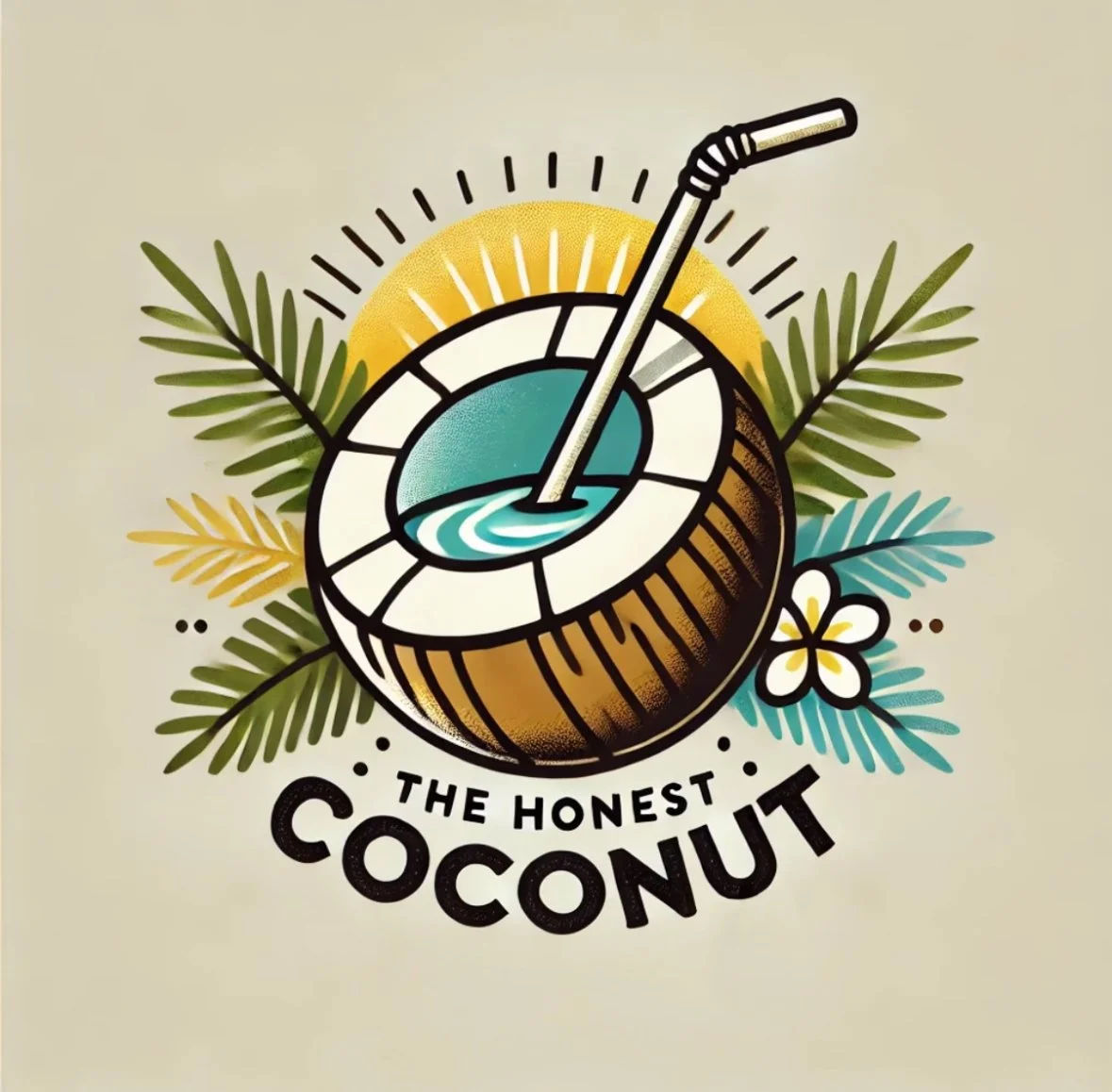 Stylized coconut drink with a straw and blue liquid, sunburst behind, palm leaves and plumeria flower in a circular logo-style design with bold curved text underneath — tropical island vibe.