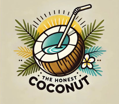 Stylized coconut drink with a straw and blue liquid, sunburst behind, palm leaves and plumeria flower in a circular logo-style design with bold curved text underneath — tropical island vibe.