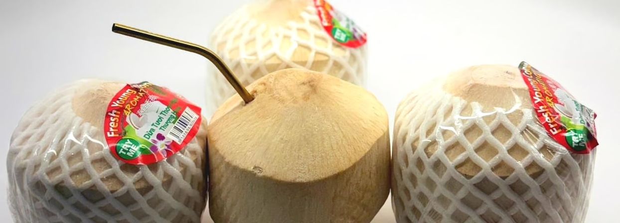 Fresh young coconuts in white protective foam sleeves, center coconut topped with a reusable metal straw ready for drinking
