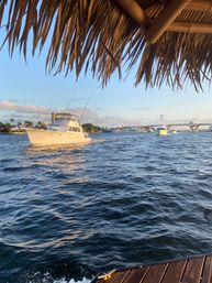 White sportfishing boat cruising past a marina at golden hour, viewed from a thatched-roof dock over rippling blue water with other boats and a bridge in the distance.