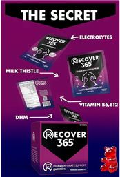 Purple infographic showing hangover recovery packets and a box of strawberry gummies with arrows pointing to electrolytes, milk thistle, DHM and vitamins B6/B12, plus a red gummy bear.