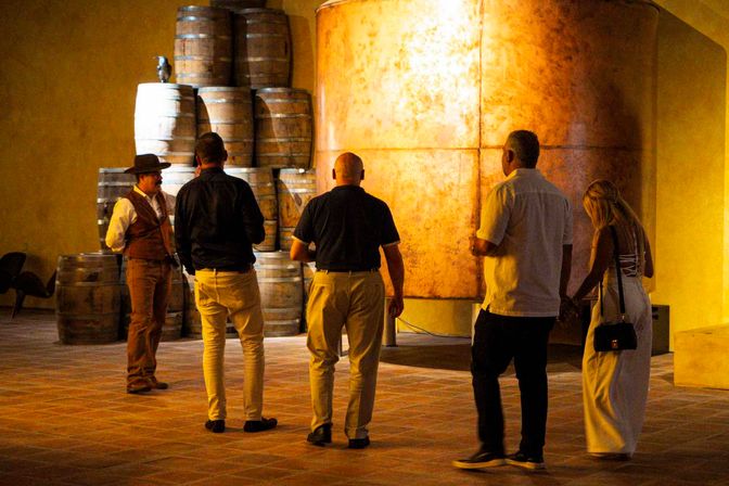 Winery tour group in a warm-lit wine cellar with stacked oak barrels and a large copper fermentation tank, guide in a vest and hat.