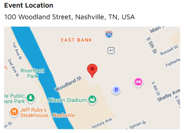 Map showing a red pin at 100 Woodland Street, Nashville, TN, near Nissan Stadium and Riverfront Park along the riverfront.