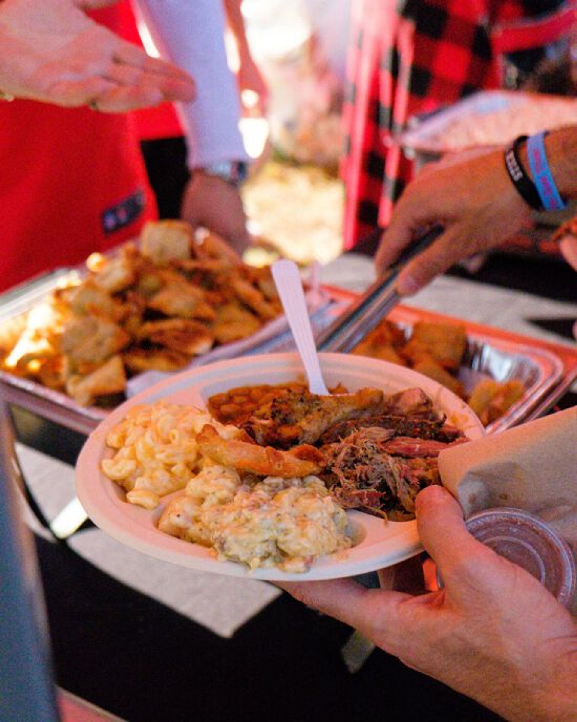Heaping paper plate of comfort food - mac and cheese, potato salad, pulled pork and fried appetizers - being served at an outdoor barbecue or food festival.