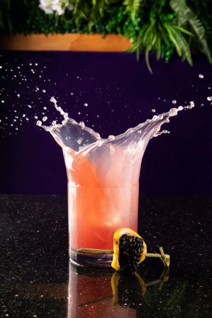 Short pink cocktail captured mid-splash forming a dramatic crown, garnished with a blackberry on a skewer, set on a glossy black countertop with leafy green backdrop