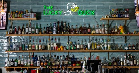 Green neon duck sign glowing above a trendy bar with teal subway-tile wall, wooden shelves packed with liquor bottles, glassware and playful rubber ducks.