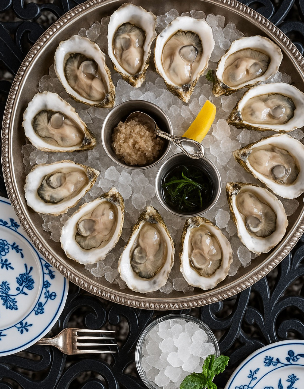 Dozen raw oysters on the half shell arranged on crushed ice in a silver platter with mignonette, seaweed, a lemon wedge and blue-and-white plates — elegant seafood oyster platter.