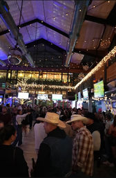 Crowded indoor bar with twinkling string lights and disco ball under a high industrial ceiling; patrons in cowboy hats watch sports on multiple TVs.