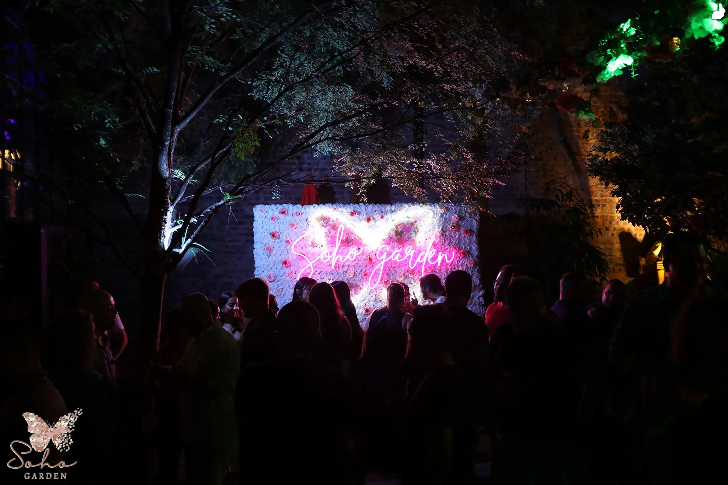 Crowded nighttime garden party — silhouetted guests in front of a flower-covered wall lit by pink neon script and colorful tree lights.