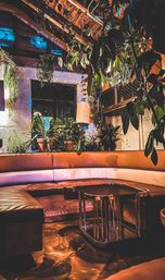 Cozy, plant-filled industrial lounge corner with curved leather banquette, hanging greenery, potted plants, and a small metal coffee table